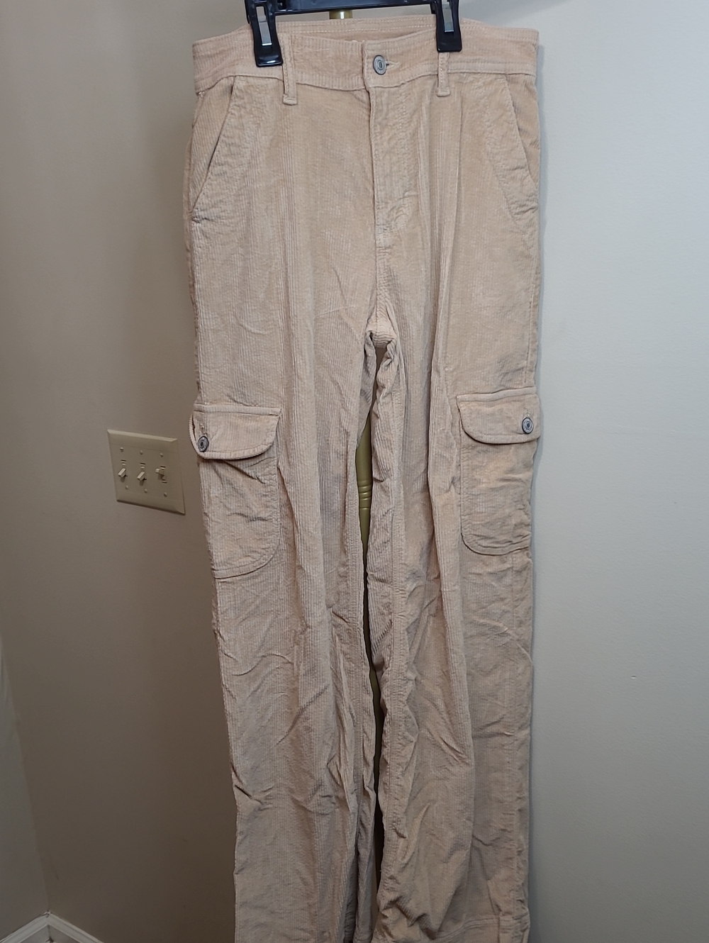American Eagle Khaki Super High-Rise Baggy Wide-Leg Corduroy Cargo Pants Size 0